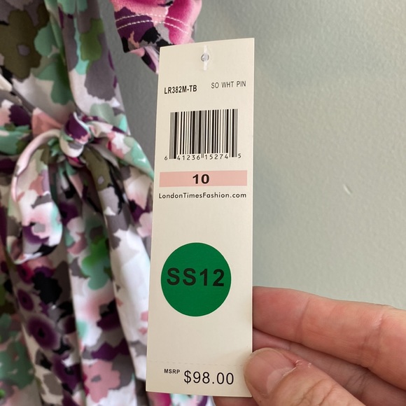 NWT London Times Faux Wrap Watercolor Print Ruched Sleeves Dress Size 10 - Picture 5 of 11